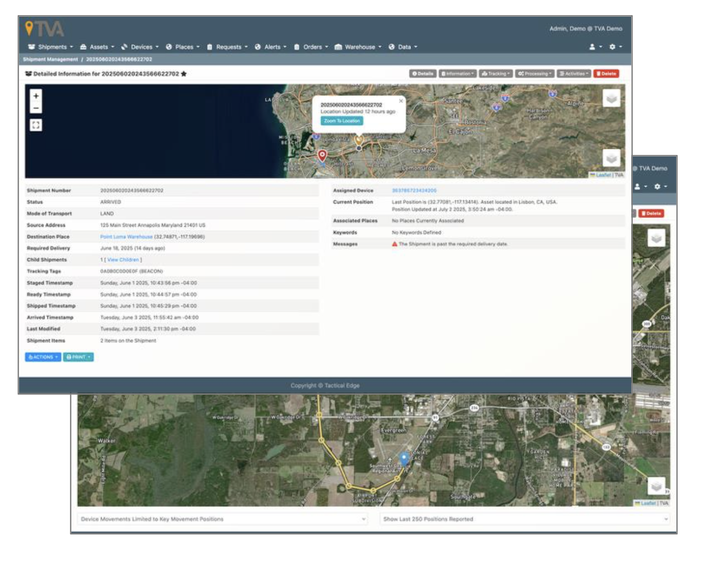 TVA platform shipment management interface showing detailed tracking information and satellite map views